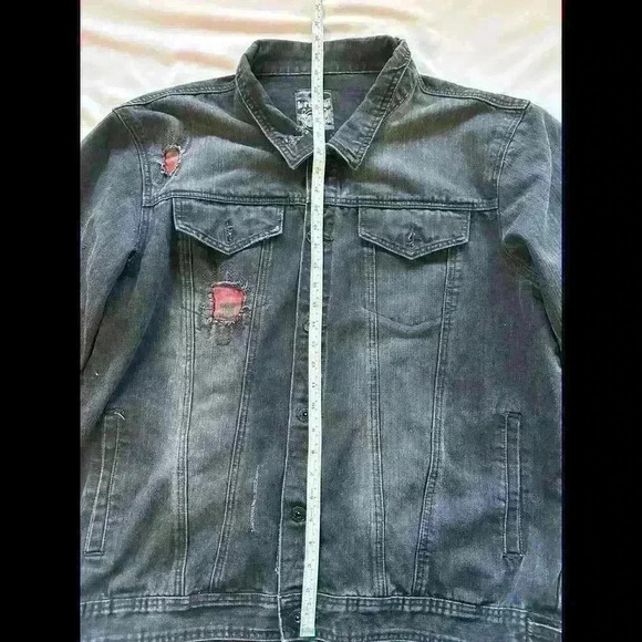 Trendy Krome designer Distressed Denim Jacket with Red Plaid Accents - Picture 4 of 7